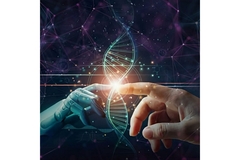 Image Human and AI hands touch through DNA
